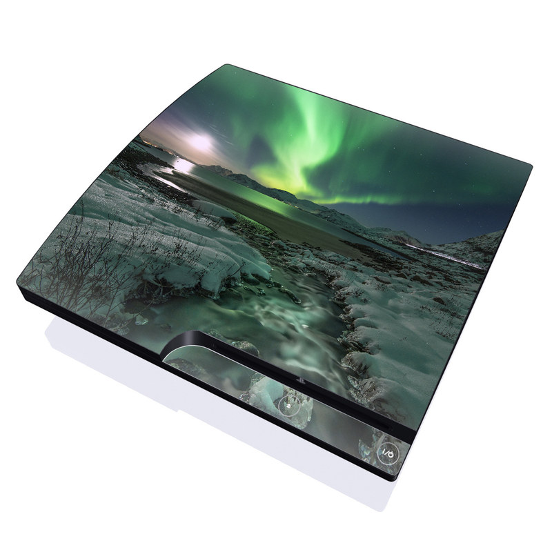 PlayStation 3 Slim Skin design of Nature, Aurora, Sky, Geological phenomenon, Water, Atmosphere, Space, Landscape, World, Glacier, with white, green, blue, black, gray colors