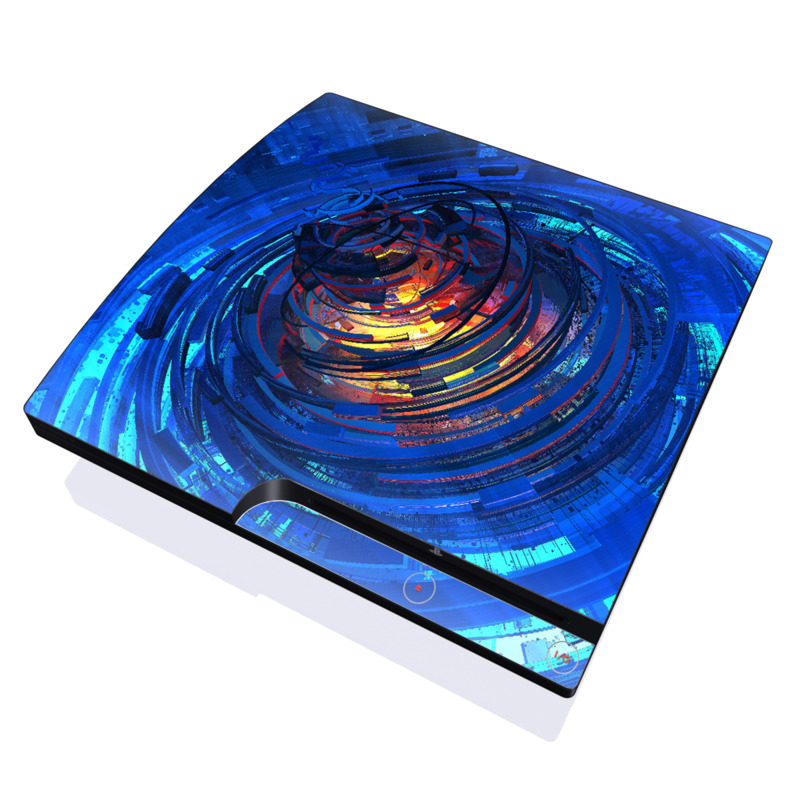 PlayStation 3 Slim Skin design of Blue, Water, Circle, Vortex, Electric blue, Wave, Liquid, Graphics, Pattern, Colorfulness, with blue, orange, yellow colors