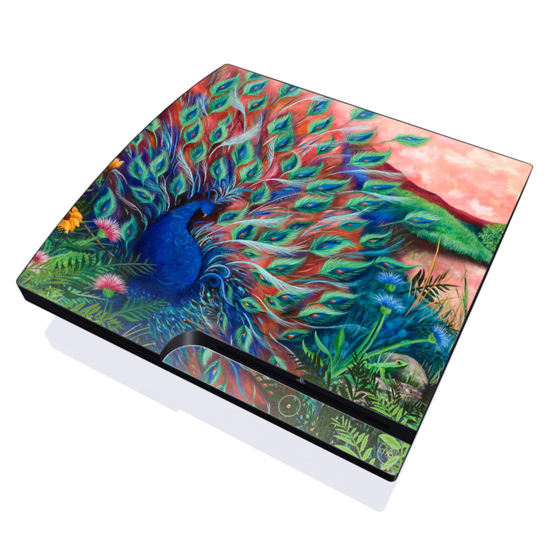 PlayStation 3 Slim Skin design of Painting, Acrylic paint, Bird, Child art, Art, Galliformes, Peafowl, Visual arts, Watercolor paint, Plant, with black, red, gray, blue, green colors