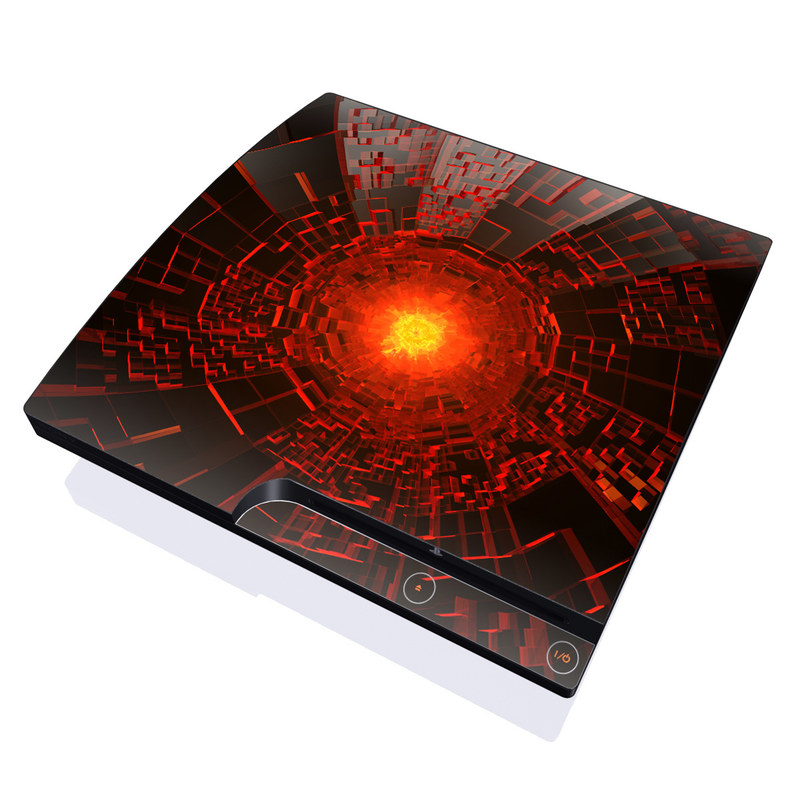 PlayStation 3 Slim Skin design of Red, Fractal art, Light, Circle, Design, Art, Graphics, Symmetry, Pattern, Space, with black, red colors
