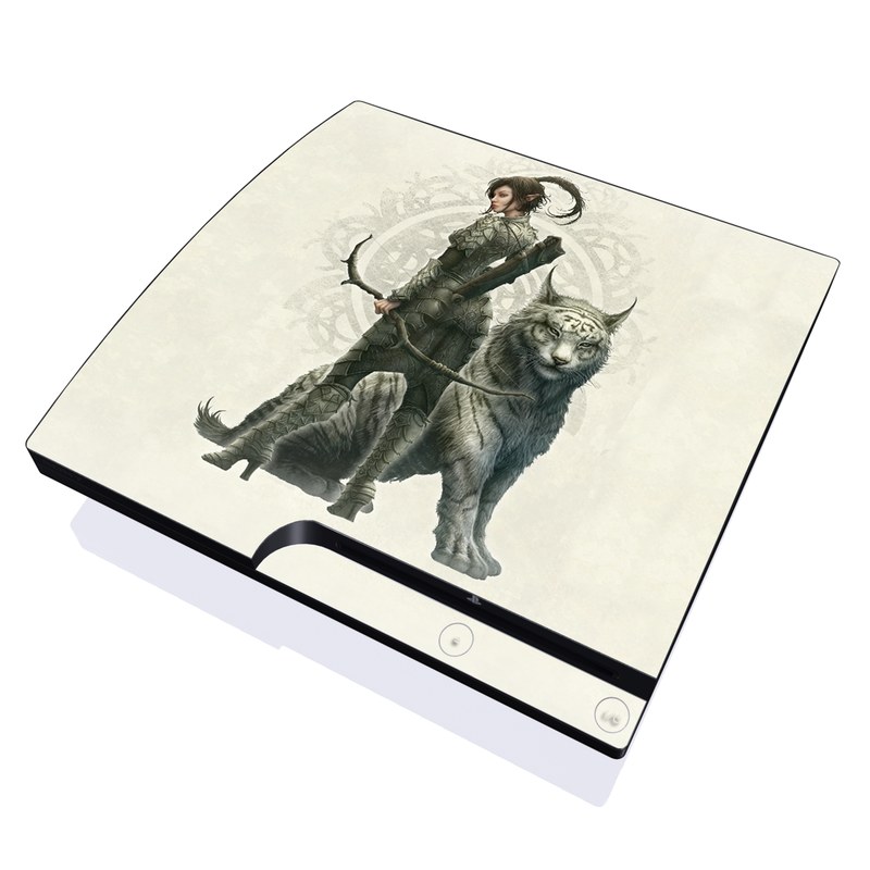 PlayStation 3 Slim Skin design of Illustration, Fictional character, Drawing, Woman warrior, Art, Mythology, Sketch, with gray, black, pink, yellow, green colors