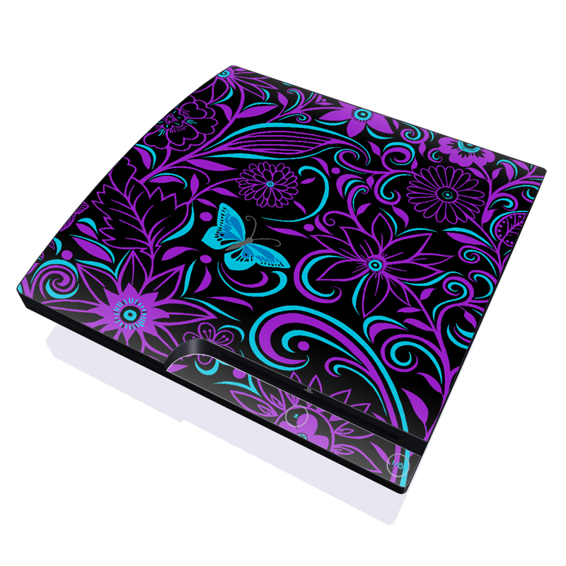 PlayStation 3 Slim Skin design of Pattern, Purple, Violet, Turquoise, Teal, Design, Floral design, Visual arts, Magenta, Motif, with black, purple, blue colors