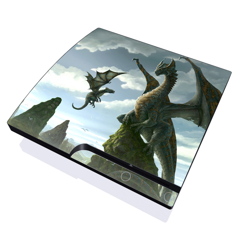 PlayStation 3 Slim Skin design of Dragon, Cg artwork, Fictional character, Mythical creature, Mythology, Extinction, Cryptid, Illustration, Games, Massively multiplayer online role-playing game, with black, gray, blue, white, purple colors