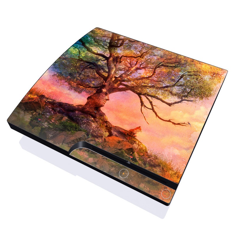 PlayStation 3 Slim Skin design of Nature, Tree, Sky, Natural landscape, Branch, Leaf, Woody plant, Trunk, Landscape, Plant, with pink, red, black, green, gray, orange colors
