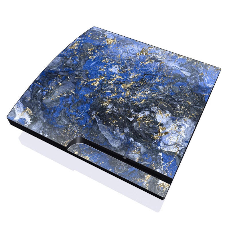 PlayStation 3 Slim Skin design of Blue, Water, Cobalt blue, Rock, Painting, Geology, Electric blue, Mineral, Pattern, Acrylic paint, with black, blue, yellow, white, gray colors