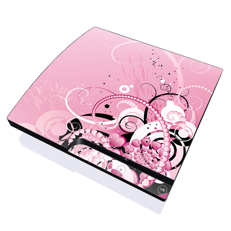 PlayStation 3 Slim Skin design of Pink, Floral design, Graphic design, Text, Design, Flower Arranging, Pattern, Illustration, Flower, Floristry, with pink, gray, black, white, purple, red colors