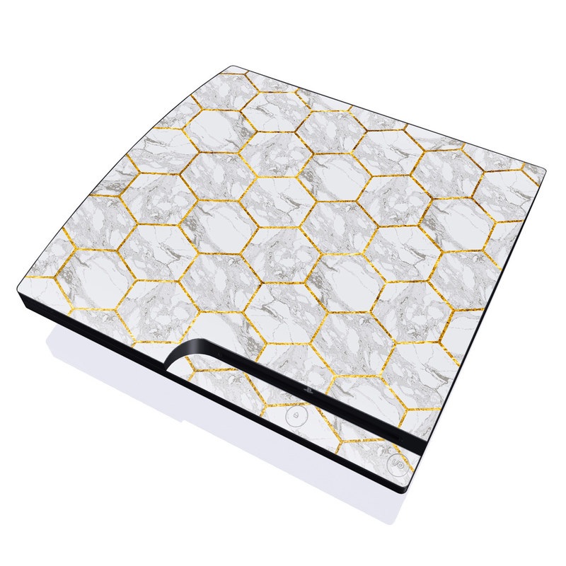 PlayStation 3 Slim Skin design of Pattern, Tile flooring, Line, Tile, Design, Flooring, Floor, with white, black, brown colors