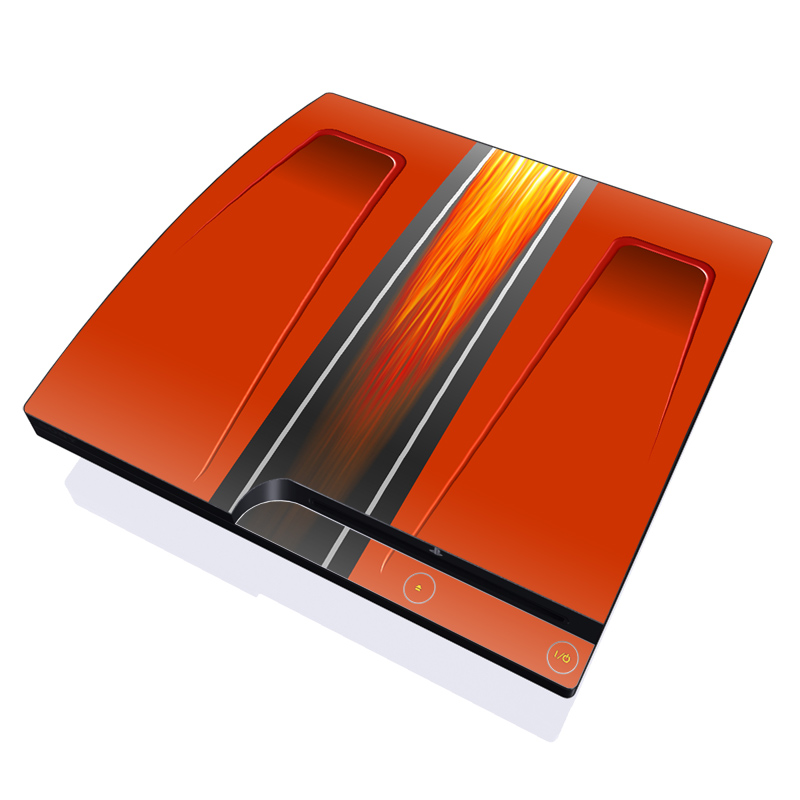 PlayStation 3 Slim Skin design of Orange, Red, Line, Material property, Rectangle, Automotive lighting, with red, black, orange, gray colors