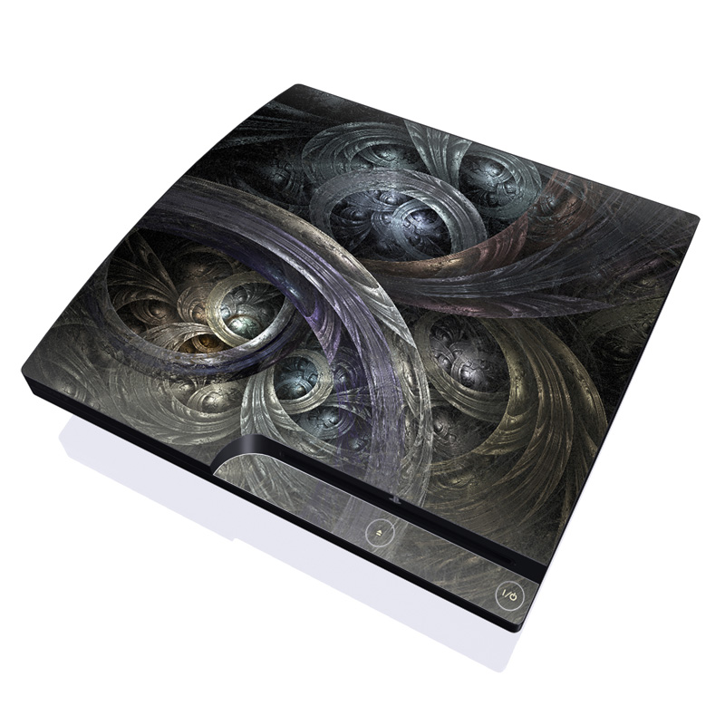 PlayStation 3 Slim Skin design of Fractal art, Graphic design, Art, Cg artwork, Darkness, Circle, Pattern, Illustration, Graphics, Metal, with black, gray, blue colors