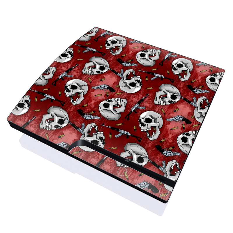PlayStation 3 Slim Skin design of Skull, Red, Bone, Personal protective equipment, Skeleton, Mask, Font, Sports gear, Headgear, Pattern, with black, red, gray colors