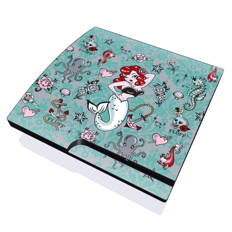 PlayStation 3 Slim Skin design of Mermaid, Illustration, Fictional character, Organism, Art, Pattern, Style, with gray, blue, black, red, white, pink colors