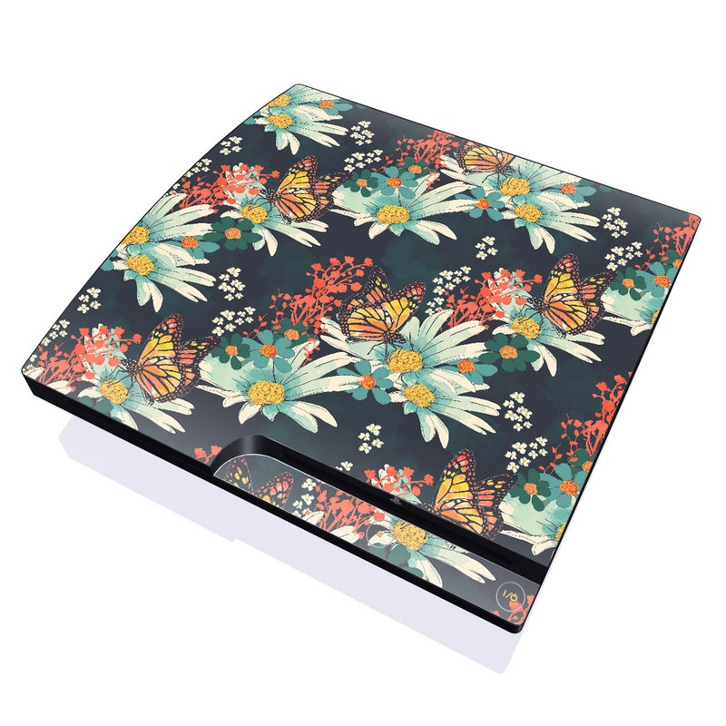 PlayStation 3 Slim Skin design of Floral design, Pattern, Flower, Floristry, Textile, Botany, Plant, Visual arts, Design, Flower Arranging, with black, gray, green, red, blue, pink colors