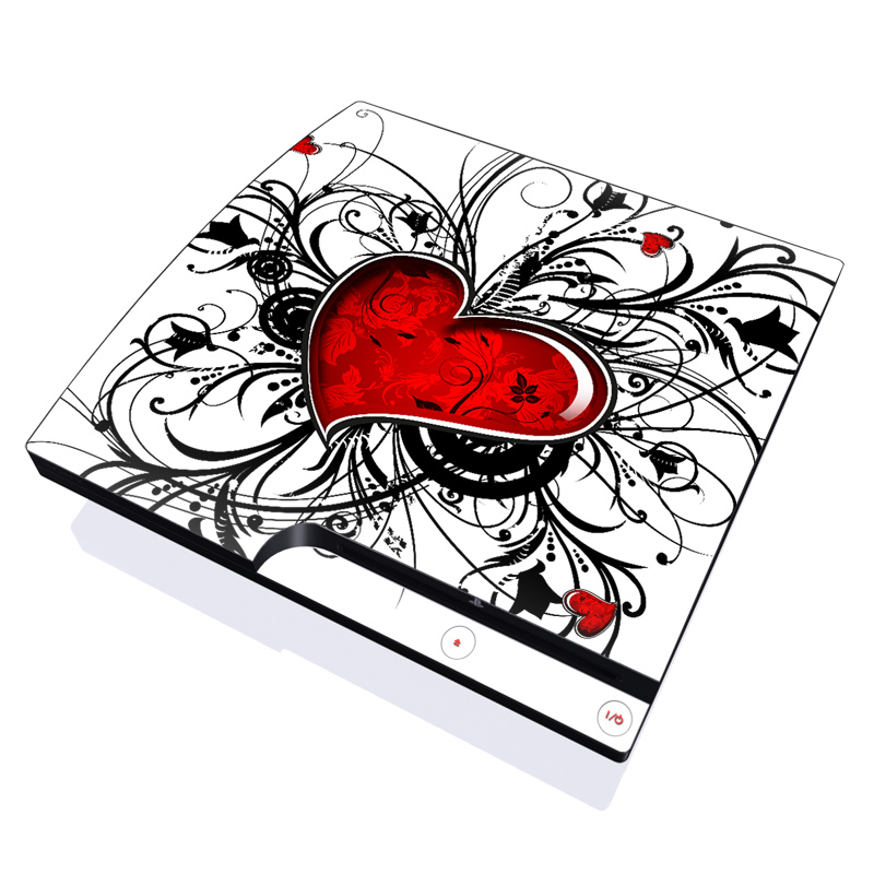 PlayStation 3 Slim Skin design of Heart, Line art, Love, Clip art, Plant, Graphic design, Illustration, with white, gray, black, red colors