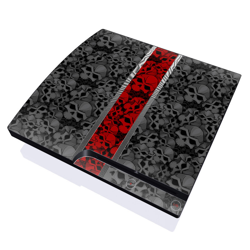 PlayStation 3 Slim Skin design of Font, Text, Pattern, Design, Graphic design, Black-and-white, Monochrome, Graphics, Illustration, Art, with black, red, gray colors