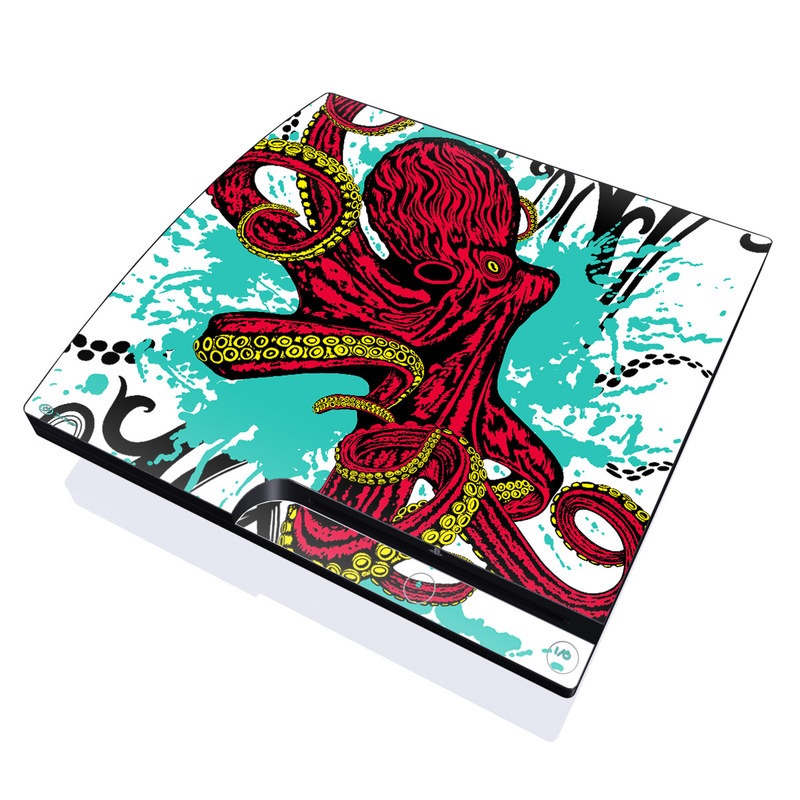 PlayStation 3 Slim Skin design of Graphic design, Illustration, Visual arts, Octopus, Design, Art, Fictional character, Pattern, Clip art, Line art, with black, white, gray, red, blue, green colors