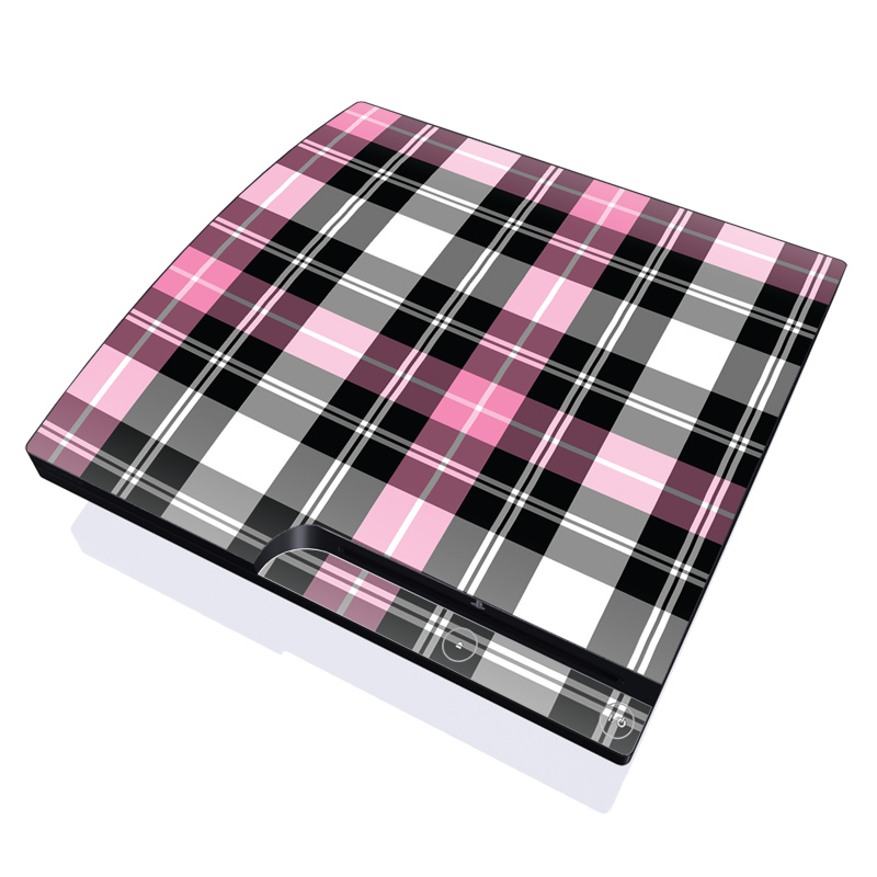 PlayStation 3 Slim Skin design of Plaid, Tartan, Pattern, Pink, Purple, Violet, Line, Textile, Magenta, Design, with black, gray, pink, red, white, purple colors