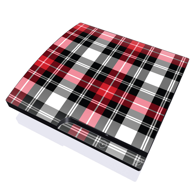 PlayStation 3 Slim Skin design of Plaid, Tartan, Pattern, Red, Textile, Design, Line, Pink, Magenta, Square, with black, gray, pink, red, white colors