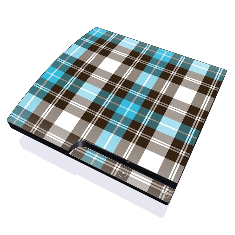 PlayStation 3 Slim Skin design of Plaid, Pattern, Tartan, Turquoise, Textile, Design, Brown, Line, Tints and shades, with gray, black, blue, white colors