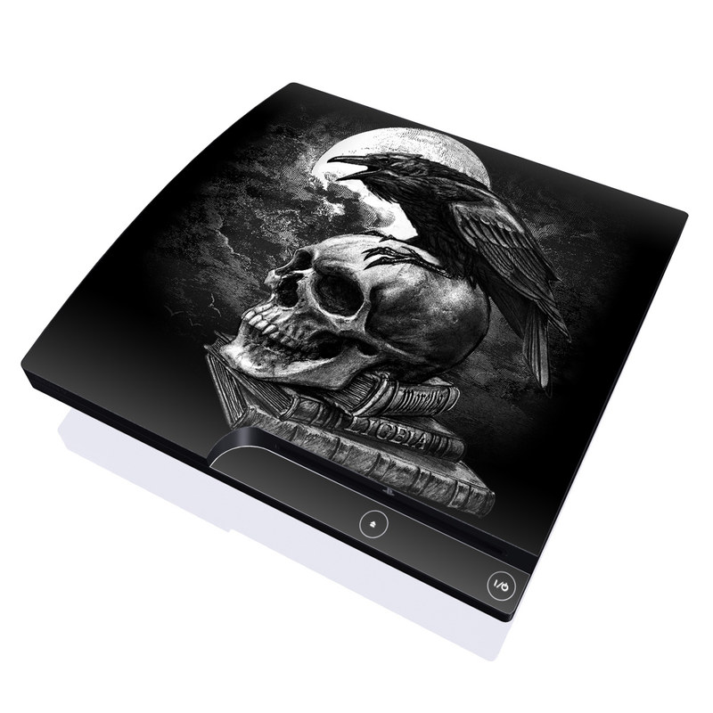 PlayStation 3 Slim Skin design of Bone, Skull, Bird, Darkness, Monochrome, Wing, Black-and-white, Illustration, Beak, Fictional Character, Drawing, Symbol, with black, white, gray colors