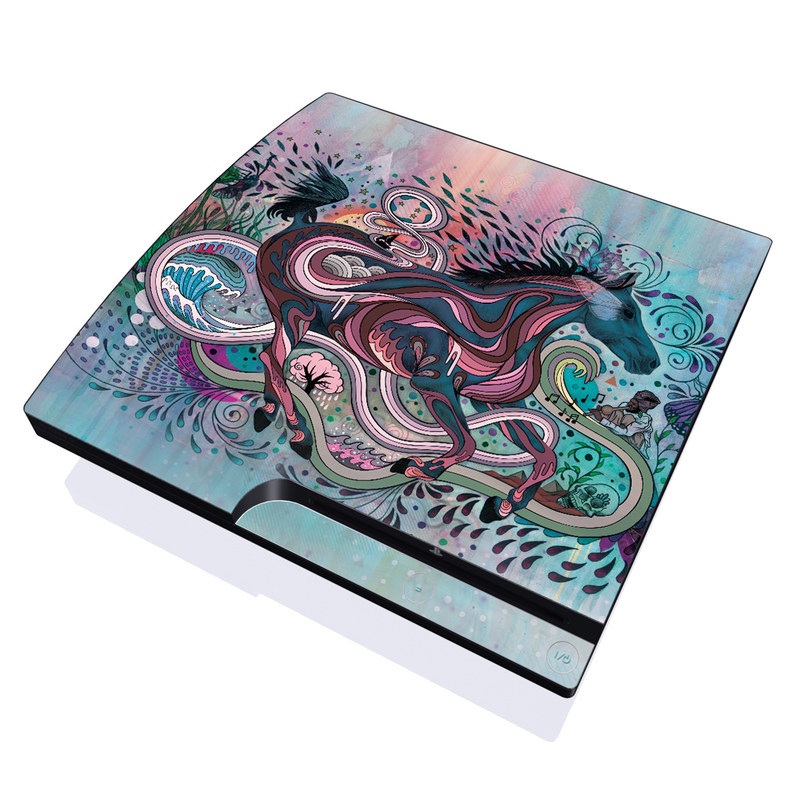 PlayStation 3 Slim Skin design of Illustration, Art, Visual arts, Graphic design, Fictional character, Psychedelic art, Pattern, Drawing, Painting, Mythology, with gray, black, blue, red, purple colors