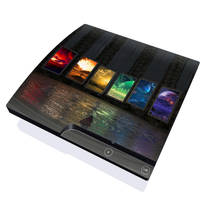 PlayStation 3 Slim Skin design of Light, Lighting, Water, Sky, Technology, Night, Art, Geological phenomenon, Electronic device, Glass, with black, red, green, blue colors