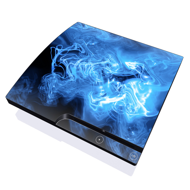 PlayStation 3 Slim Skin design of Blue, Water, Electric blue, Organism, Pattern, Smoke, Liquid, Art, with blue, black, purple colors