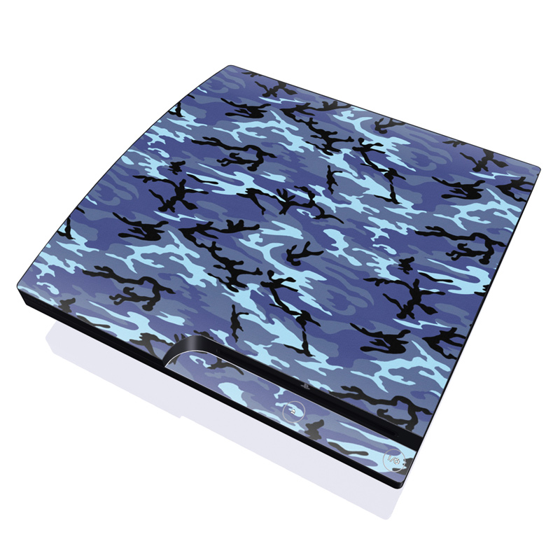 PlayStation 3 Slim Skin design of Military camouflage, Pattern, Blue, Aqua, Teal, Design, Camouflage, Textile, Uniform, with blue, black, gray, purple colors