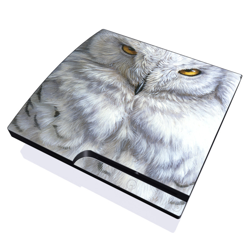 PlayStation 3 Slim Skin design of Owl, Bird, Bird of prey, Snowy owl, great grey owl, Close-up, Eye, Snout, Wildlife, Eastern Screech owl, with gray, white, black, blue, purple colors