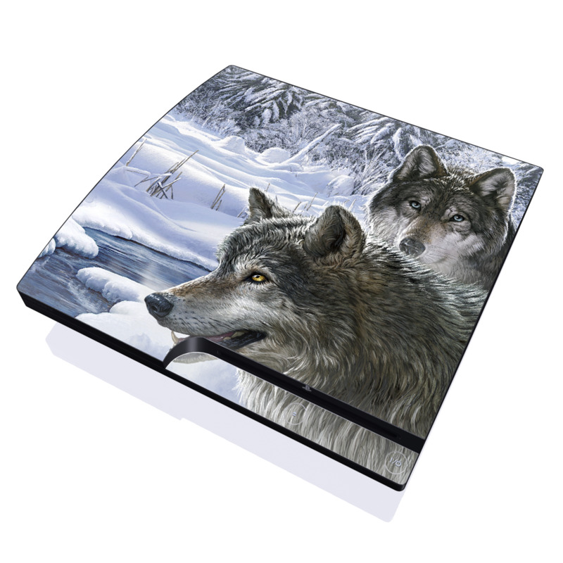 PlayStation 3 Slim Skin design of Mammal, Vertebrate, Wolf, Canidae, canis lupus tundrarum, Canis, Wildlife, Carnivore, Wolfdog, Dog, with gray, black, blue, purple colors