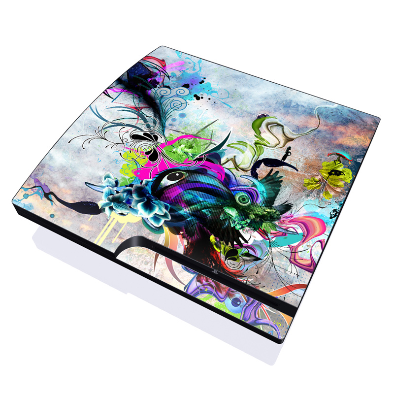 PlayStation 3 Slim Skin design of Graphic design, Psychedelic art, Art, Illustration, Purple, Visual arts, Graffiti, Street art, Design, Painting, with gray, black, blue, green, purple colors