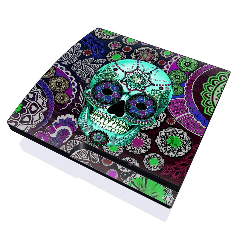 PlayStation 3 Slim Skin design of Psychedelic art, Pattern, Skull, Purple, Bone, Violet, Design, Visual arts, Art, Magenta, with blue, green, purple, red, green, pink colors