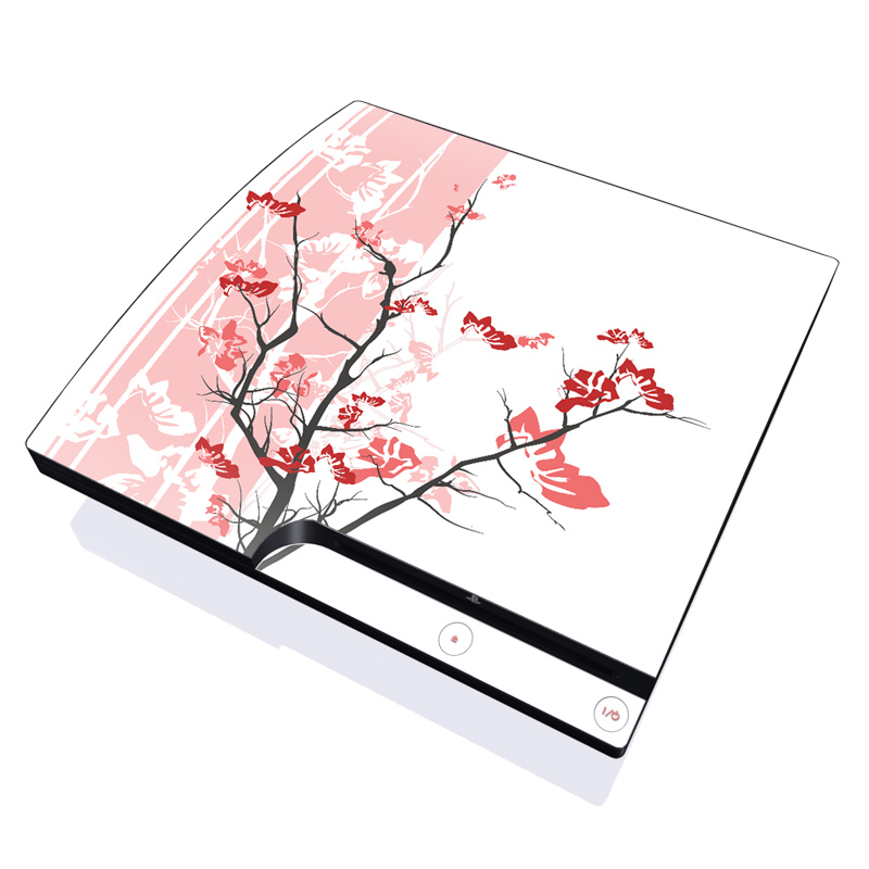 PlayStation 3 Slim Skin design of Branch, Red, Flower, Plant, Tree, Twig, Blossom, Botany, Pink, Spring, with white, pink, gray, red, black colors
