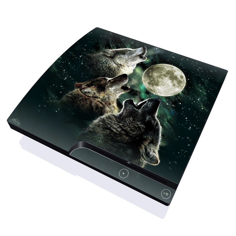 PlayStation 3 Slim Skin design of Wolf, Light, Astronomical object, Moon, Wildlife, Organism, Moonlight, Sky, Atmosphere, Celestial event, with black, gray, green colors