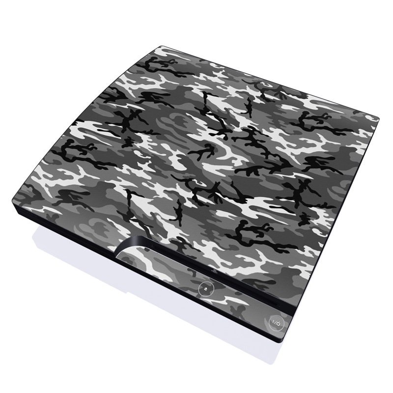 PlayStation 3 Slim Skin design of Military camouflage, Pattern, Clothing, Camouflage, Uniform, Design, Textile, with black, gray colors