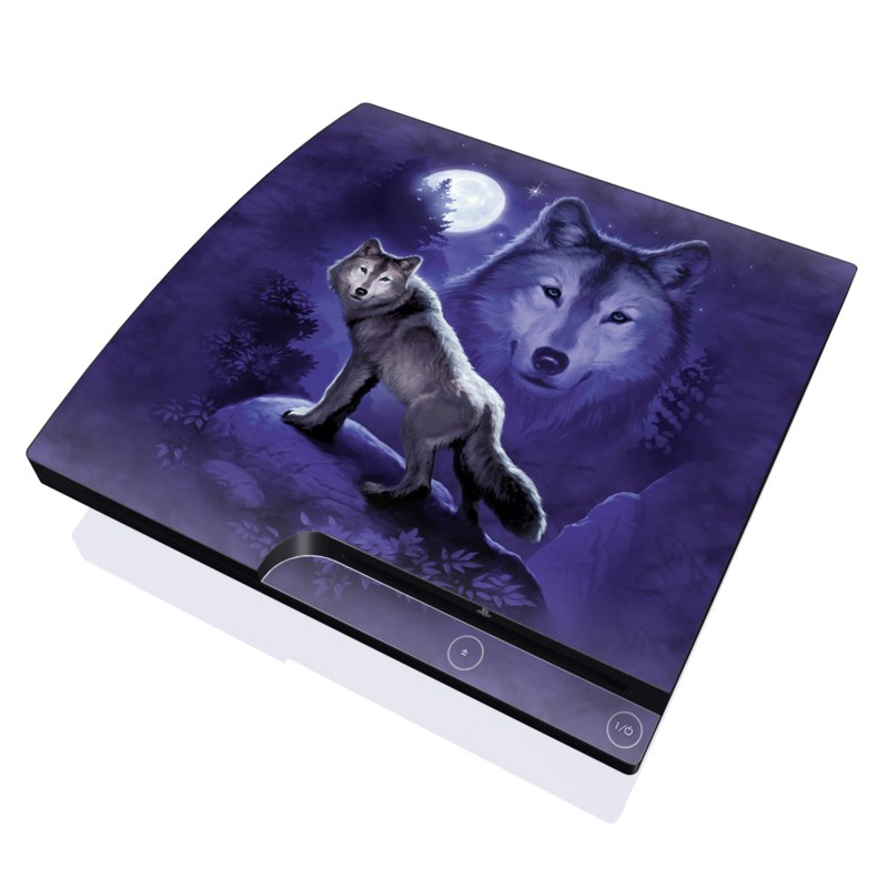 PlayStation 3 Slim Skin design of Wolf, Canidae, canis lupus tundrarum, Canis, Wolfdog, Dog, Native american indian dog, Wildlife, Sakhalin husky, Moonlight, with blue, black, gray colors