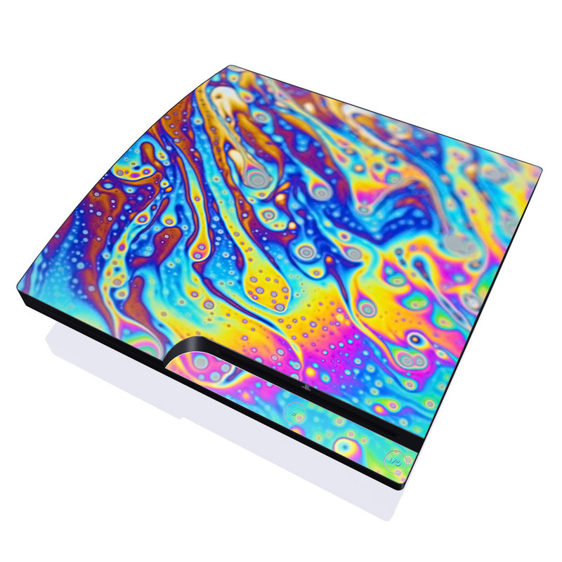 PlayStation 3 Slim Skin design of Psychedelic art, Blue, Pattern, Art, Visual arts, Water, Organism, Colorfulness, Design, Textile, with gray, blue, orange, purple, green colors