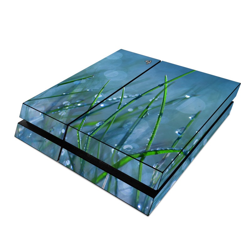 PlayStation 4 Skin design of Moisture, Dew, Water, Green, Grass, Plant, Drop, Grass family, Macro photography, Close-up with blue, black, green, gray colors