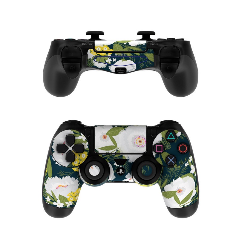 PlayStation 4 Controller Skin design of Flower, Flowering plant, Plant, Petal, Daisy, mayweed, Wildflower, Floral design, Annual plant with green, yellow, white, orange colors