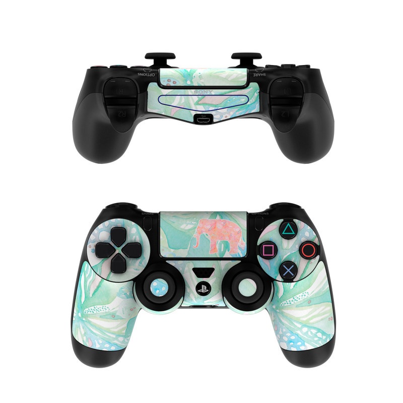 PlayStation 4 Controller Skin design of Aqua, Turquoise, Pattern, Wrapping paper, Design, Illustration, Plant, Gift wrapping, Art with blue, pink, white, green colors