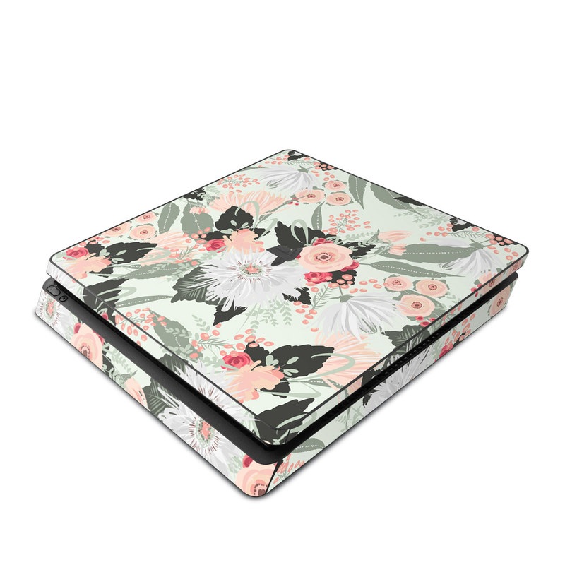 PlayStation 4 Slim Skin design of Pattern, Pink, Floral design, Design, Textile, Wrapping paper, Plant, Peach, Flower with green, red, white, pink colors