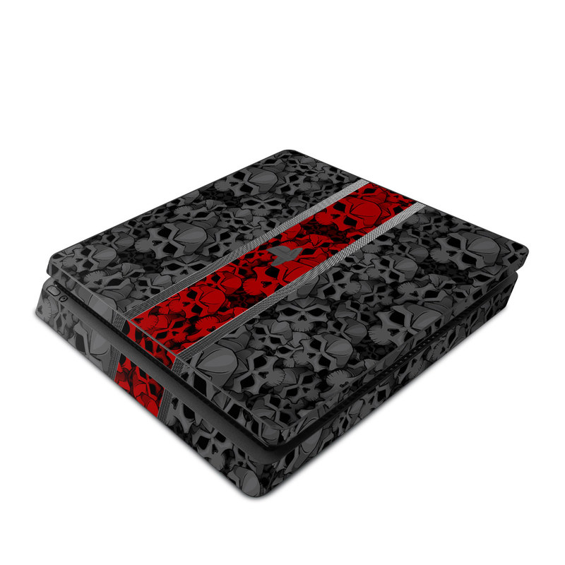 PlayStation 4 Slim Skin design of Font, Text, Pattern, Design, Graphic design, Black-and-white, Monochrome, Graphics, Illustration, Art, with black, red, gray colors