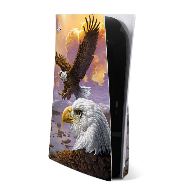 PlayStation 5 Skin design of Bird, Bird of prey, Bald eagle, Vertebrate, Eagle, Accipitriformes, Accipitridae, Golden eagle, Beak, Hawk with gray, black, green, red, purple colors