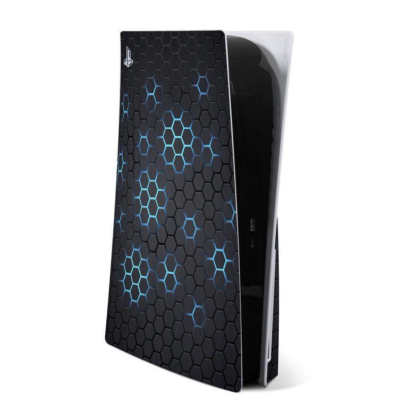 PlayStation 5 Skin design of Pattern, Water, Design, Circle, Metal, Mesh, Sphere, Symmetry with black, gray, blue colors