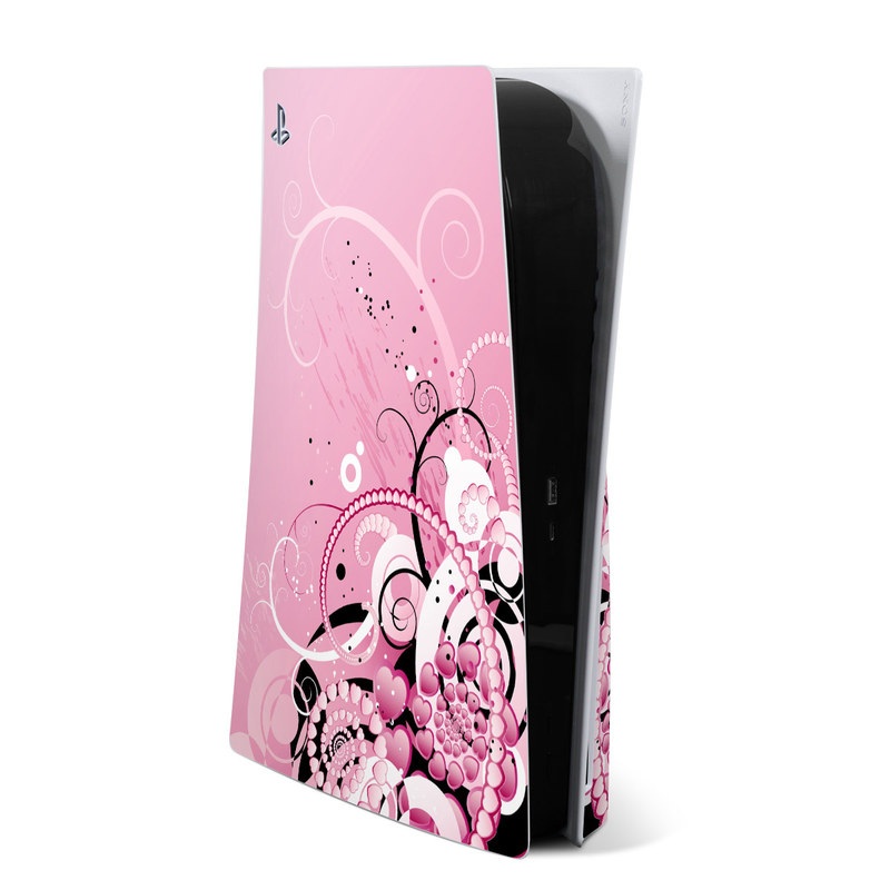 PlayStation 5 Skin design of Pink, Floral design, Graphic design, Text, Design, Flower Arranging, Pattern, Illustration, Flower, Floristry with pink, gray, black, white, purple, red colors