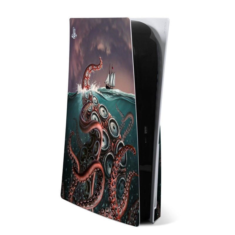 PlayStation 5 Skin design of Octopus, Water, Illustration, Wind wave, Sky, Graphic design, Organism, Cephalopod, Cg artwork, giant pacific octopus with blue, gray, white, brown, red colors