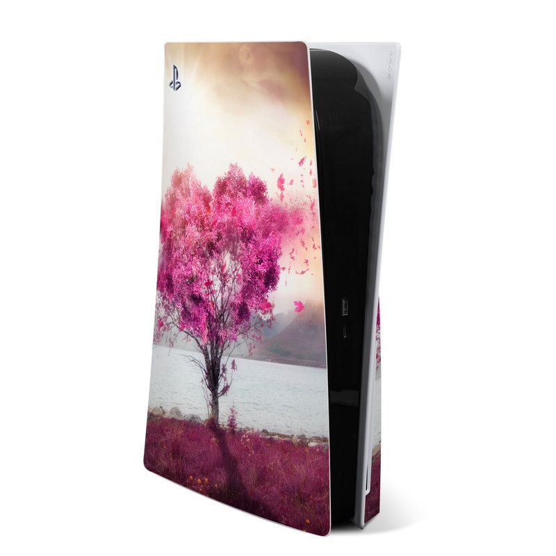 PlayStation 5 Skin design of Sky, Nature, Natural landscape, Pink, Tree, Spring, Purple, Landscape, Cloud, Magenta with pink, yellow, blue, black, gray colors