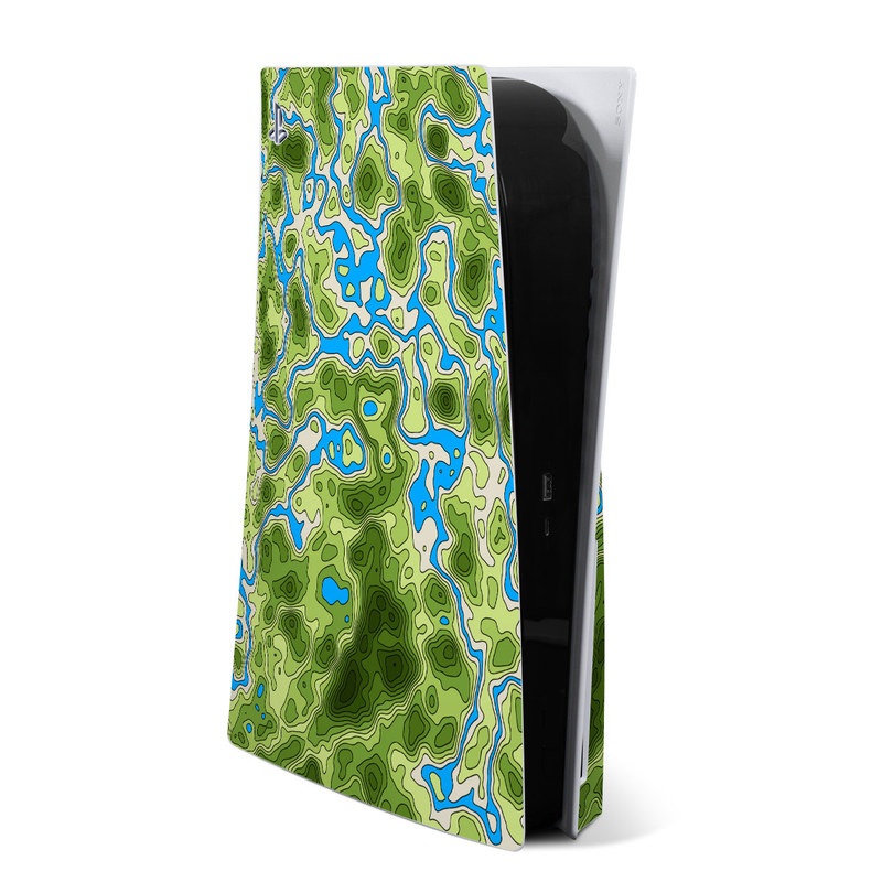 PlayStation 5 Skin design of Botany, Azure, Organism, Vegetation, Aqua, Terrestrial plant, Symmetry, Electric blue, Pattern, Art with green, blue colors