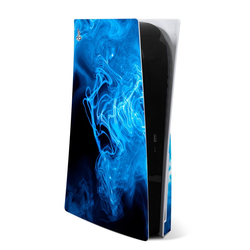 PlayStation 5 Skin design of Blue, Water, Electric blue, Organism, Pattern, Smoke, Liquid, Art, with blue, black, purple colors