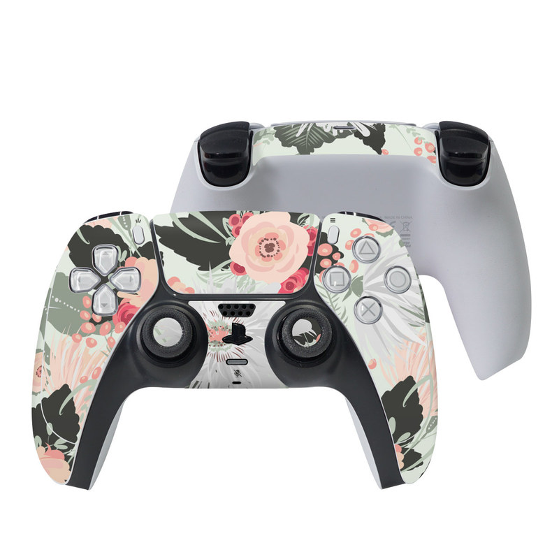 PlayStation 5 Controller Skin design of Pattern, Pink, Floral design, Design, Textile, Wrapping paper, Plant, Peach, Flower with green, red, white, pink colors