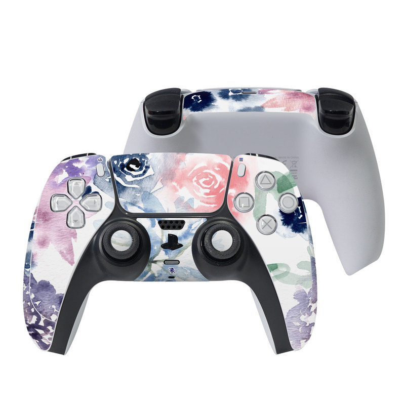 PlayStation 5 Controller Skin design of Pattern, Graphic design, Design, Floral design, Plant, Flower, Illustration with white, blue, purple, green, pink colors